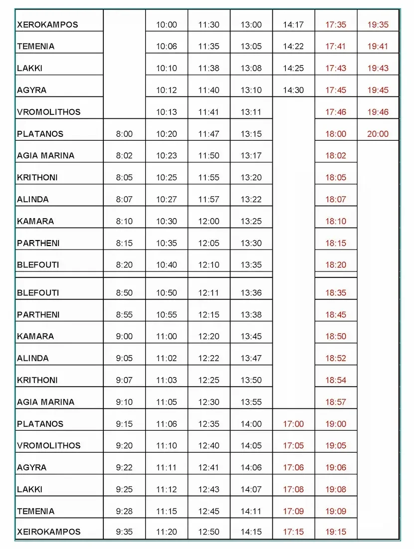 Leros Bus Timetable 2024-2025