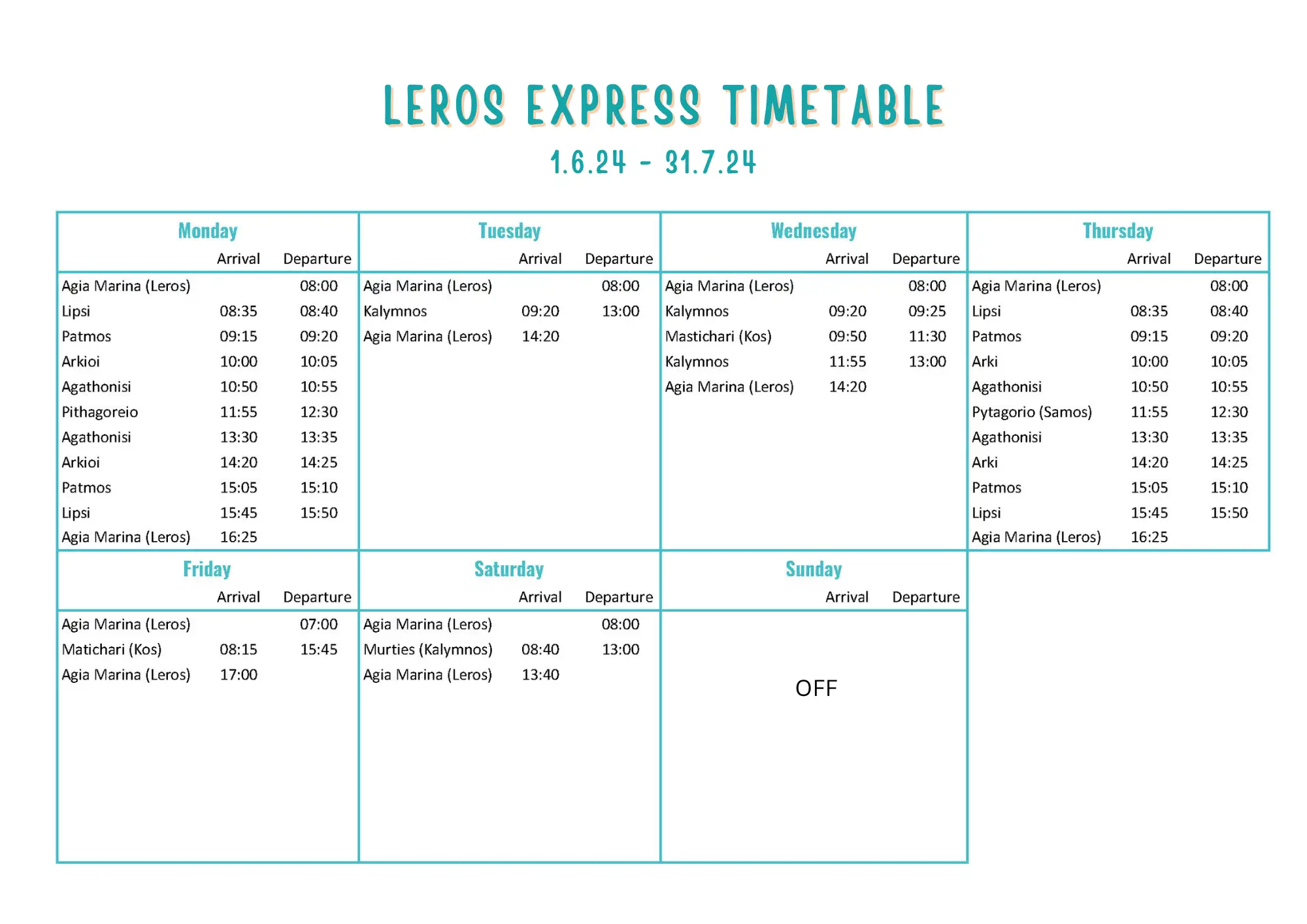 Leros Express timetable sUMMER 2024