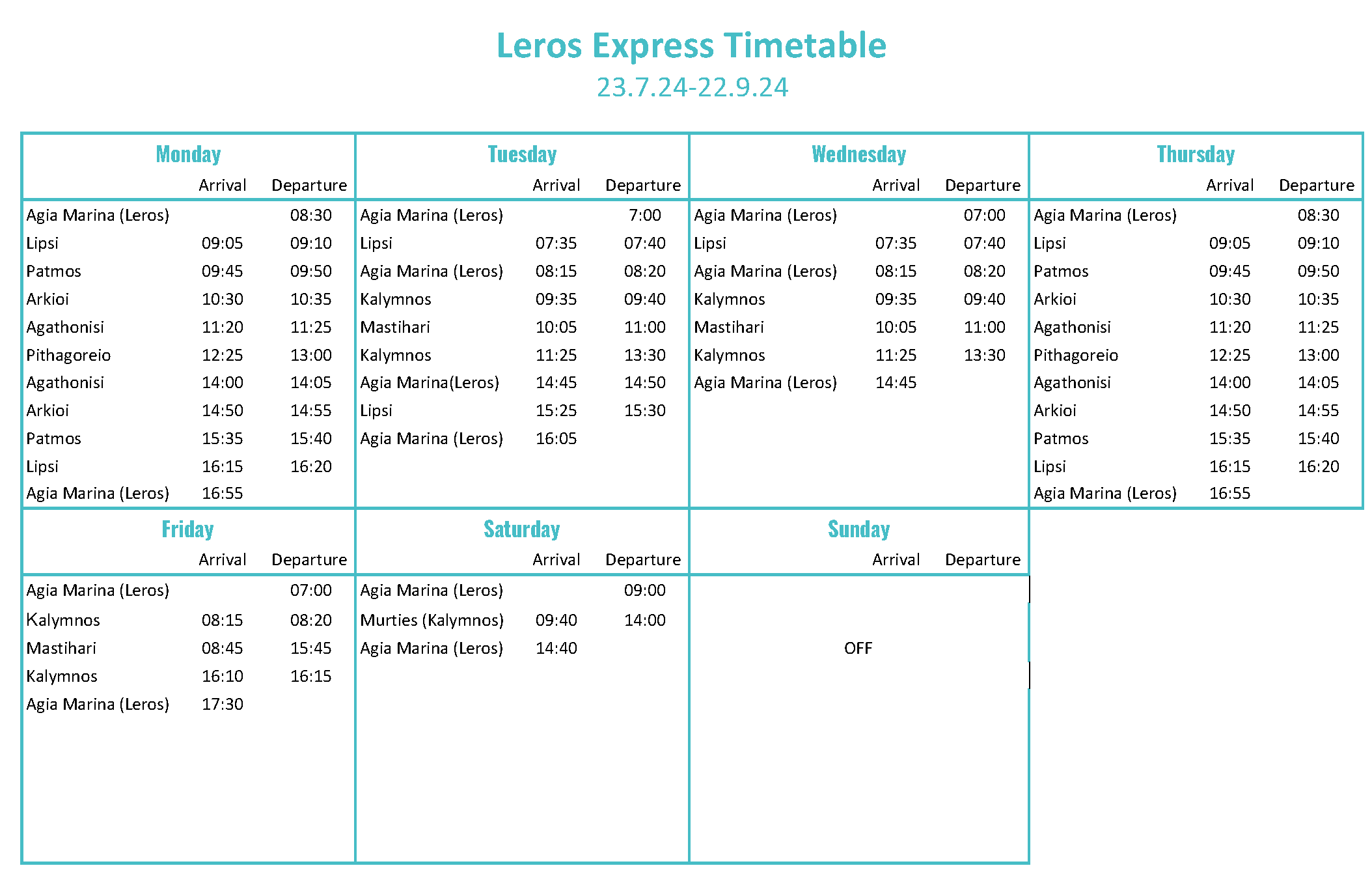 Leros Express Timetable - Last update 30.7.24