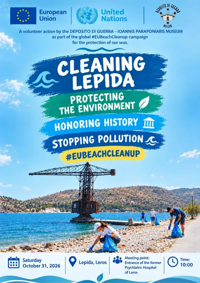 EU Beach Cleanup 2026 poster for Cleaning Lepida, Leros, on October 31 at 10:00